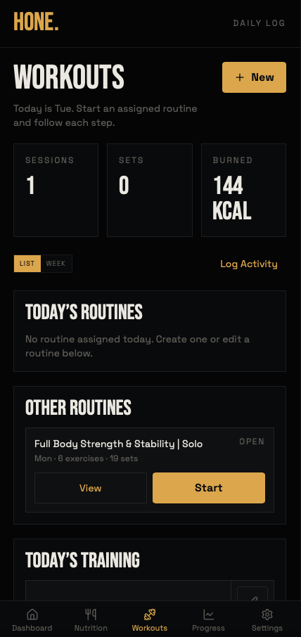 Hone workouts screen with today's routines and session stats